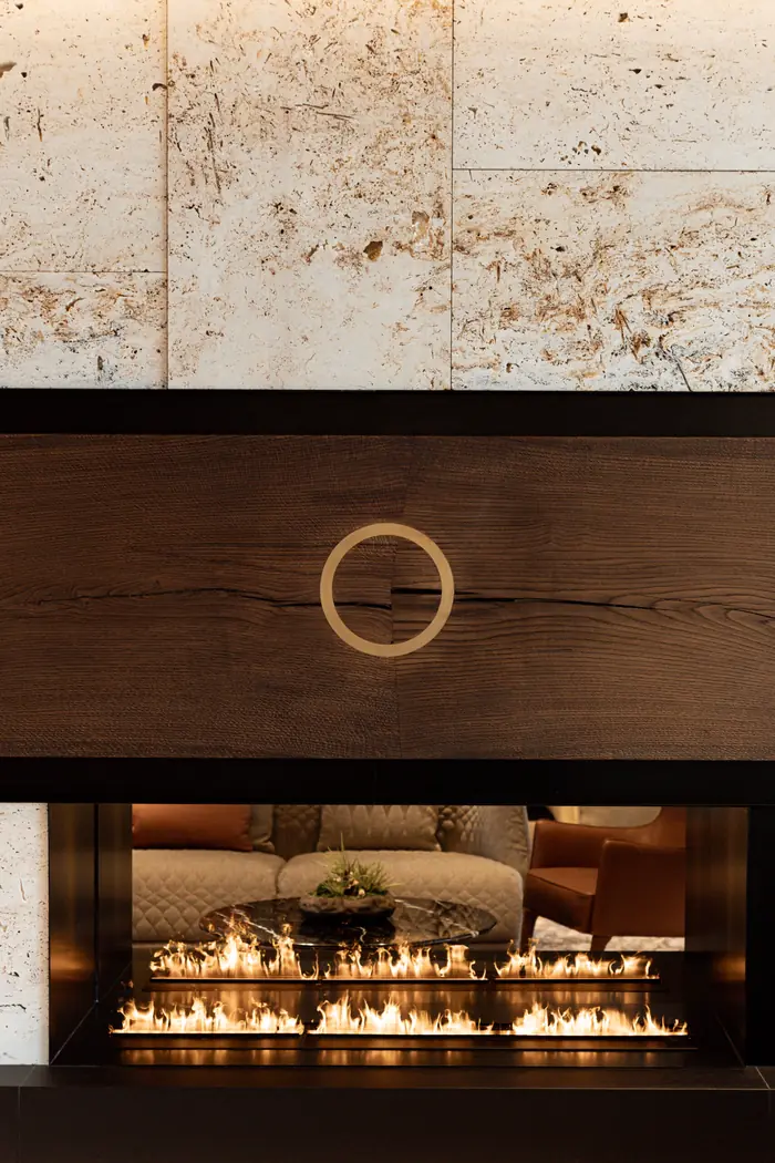 The fireplace in the Melea lobby
